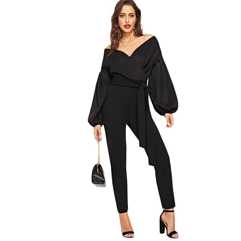 Black Belted Wrap V neck Long Sleeve Jumpsuit