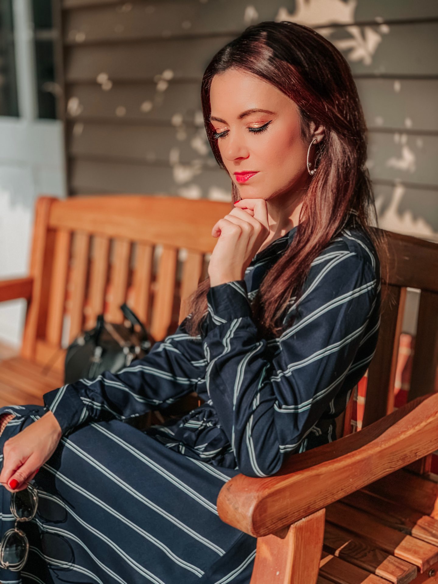 MIU MIU SCENIQUE CUT-OUT EYEWEAR | Vero Moda diagonal stripe shirt dress | Ted Baker Oellie Black Large Handbag | Elegant Duchess Boutique Crystal Flower Brooch | Swarovski Earrings | Charlotte Tilbury make up | ASOS DESIGN Evy stripe bow boots