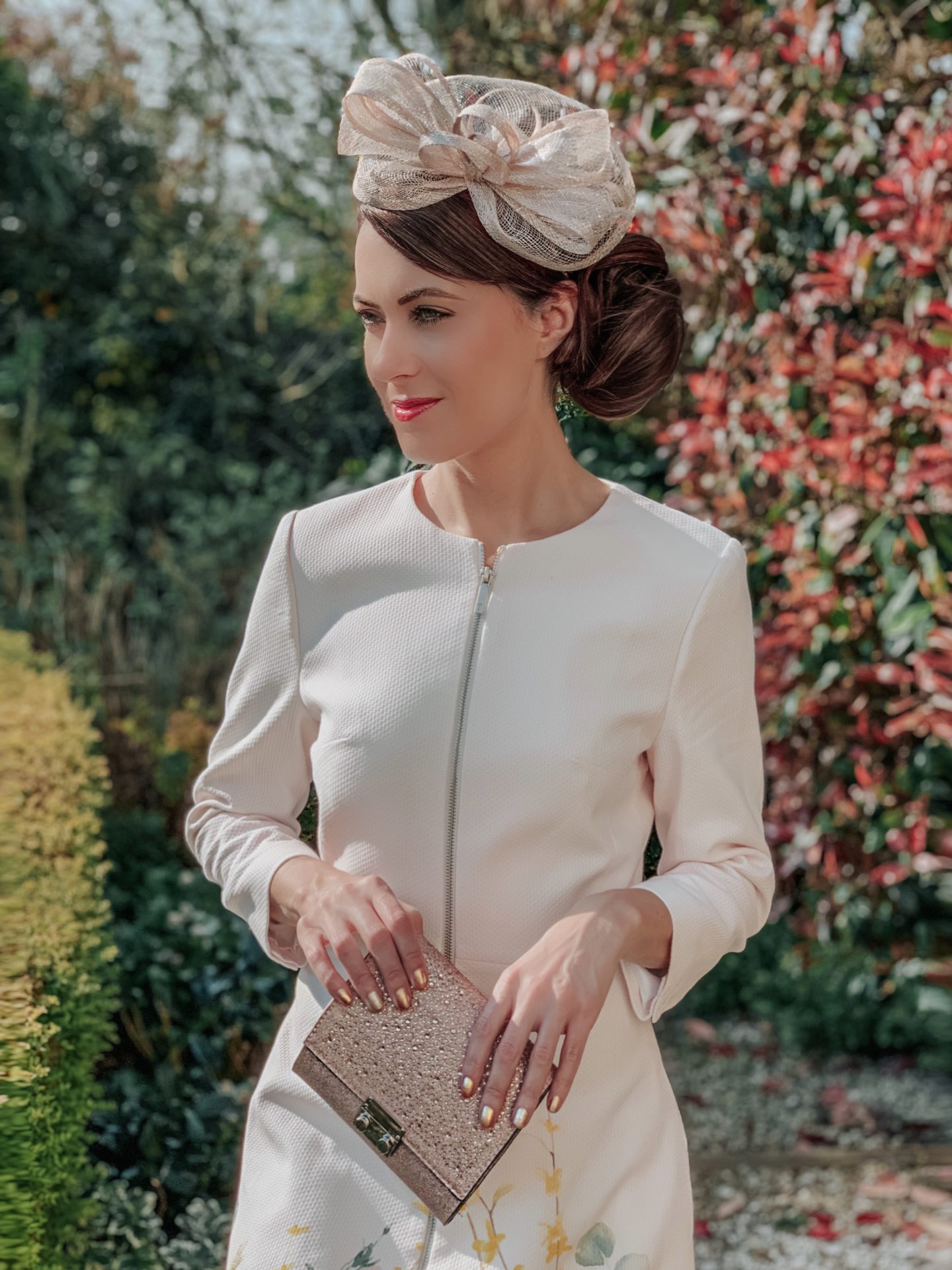 Lipsy Diamanté Fascinator | New Look Diamante Clutch Bag | Ted Baker Pink Luluuu Elegant Textured Dress Coat | Ted Baker shoes