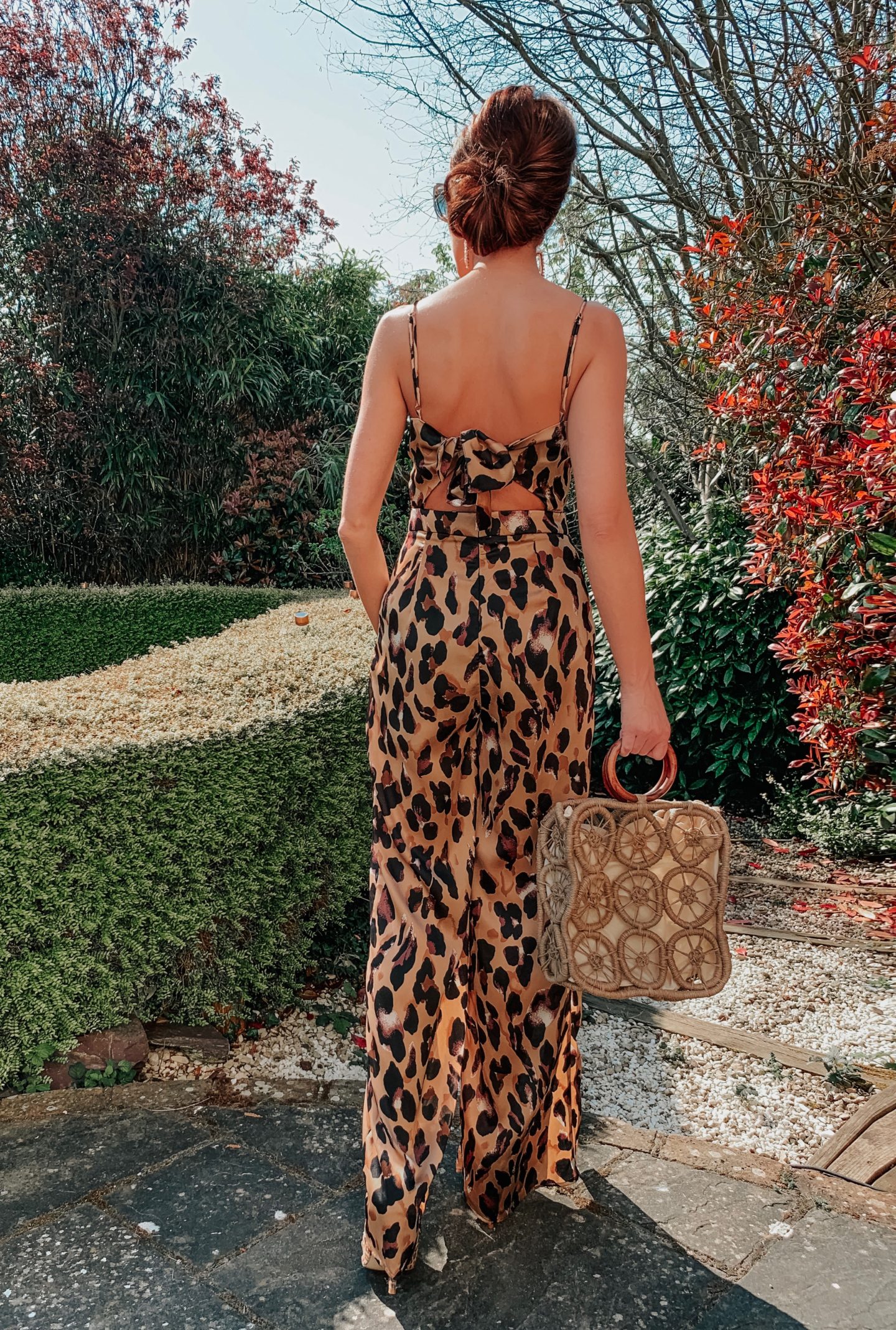 Forever Unique Leopard Print Wide-Leg Jumpsuit | Zara square earrings | Miu Miu sunglasses | Charlotte Tilbury make up | River Island Heels | Next Natural Square Shopper Bag