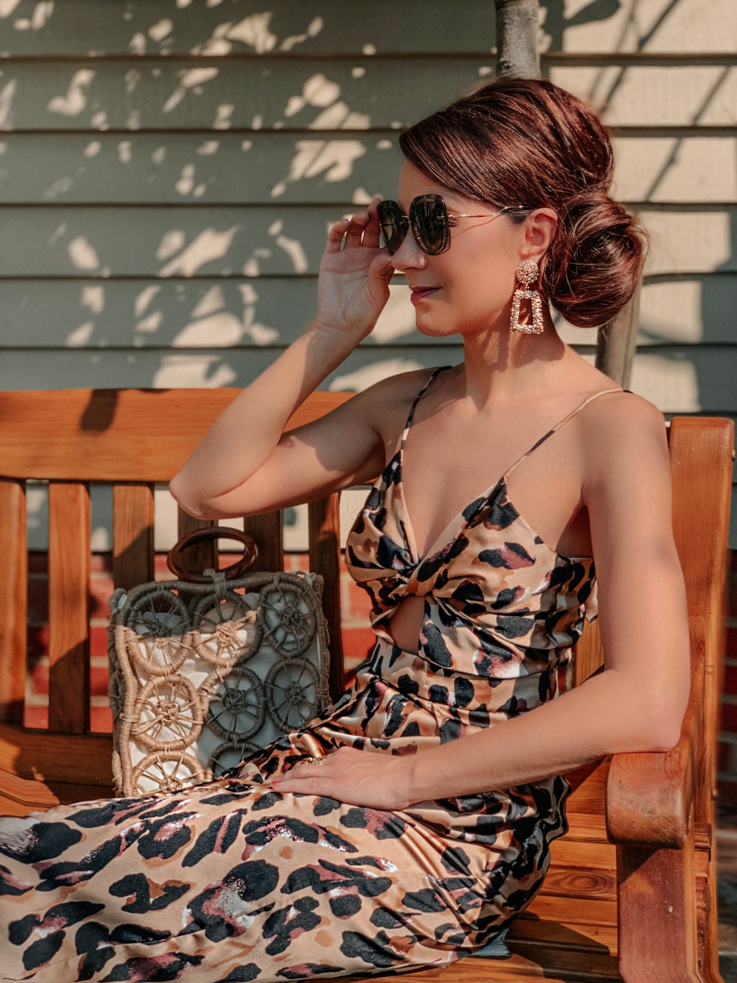 Forever Unique Leopard Print Wide-Leg Jumpsuit | Zara square earrings | Miu Miu sunglasses | Charlotte Tilbury make up | River Island Heels | Next Natural Square Shopper Bag