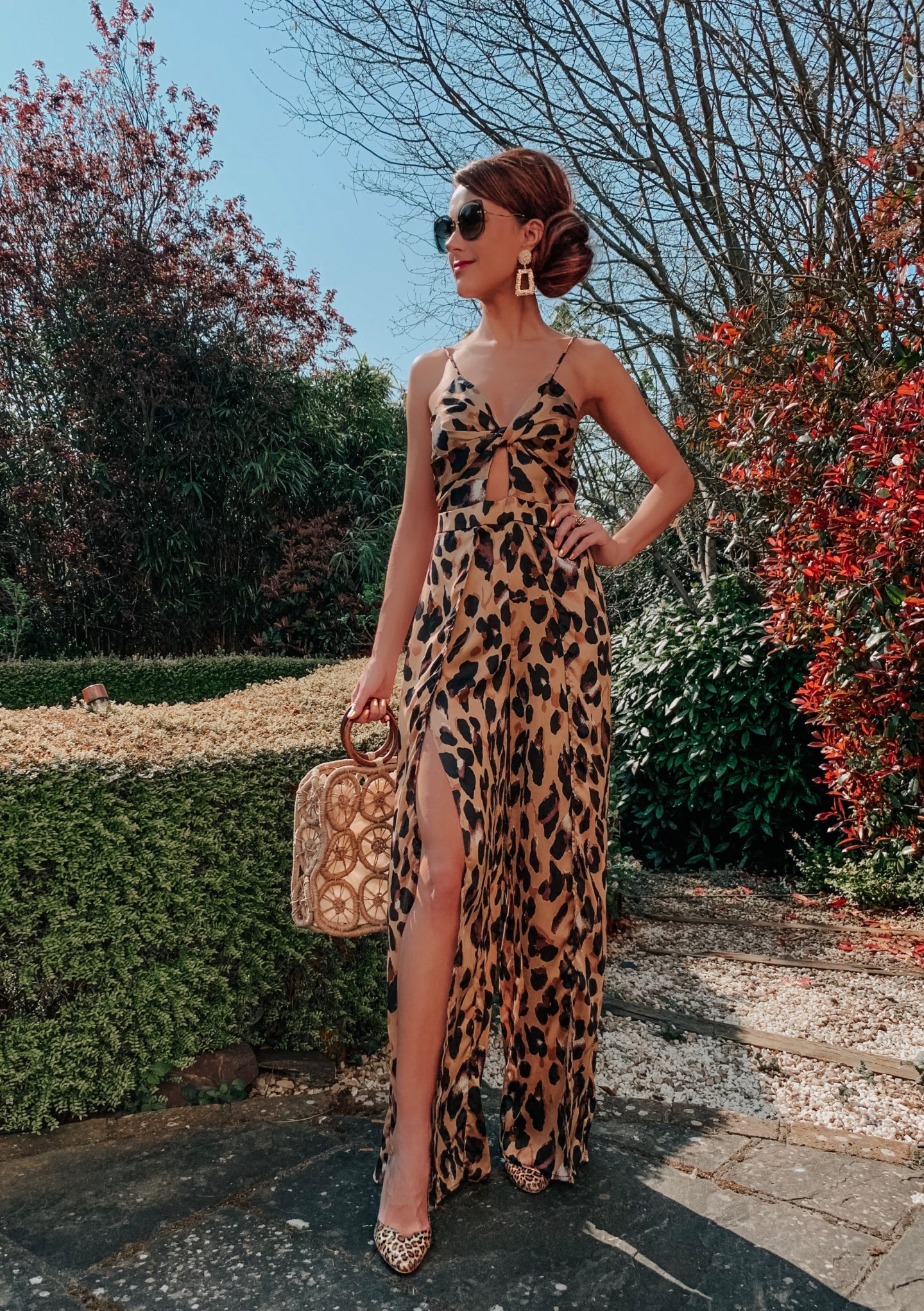 Forever Unique Leopard Print Wide-Leg Jumpsuit | Zara square earrings | Miu Miu sunglasses | Charlotte Tilbury make up | River Island Heels | Next Natural Square Shopper Bag