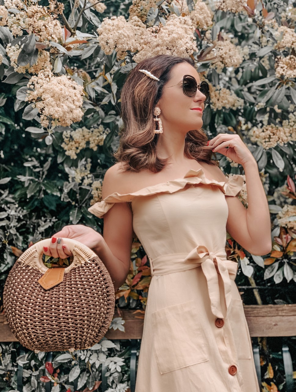 OUTFIT FROM ELEGANT DUCHESS BOUTIQUE  Round Summer Beach Straw Bag  | Off shoulder ruffle detail midi dress | TEXTURED GEOMETRIC EARRINGS | Pearl Hair Clip  | MIU MIU SUNGLASSES | NEXT Plait Detail Espadrille Wedges