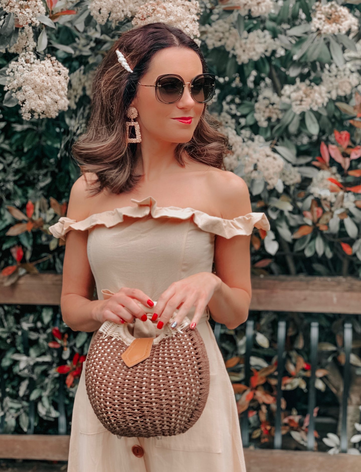 OUTFIT FROM ELEGANT DUCHESS BOUTIQUE  Round Summer Beach Straw Bag  | Off shoulder ruffle detail midi dress | TEXTURED GEOMETRIC EARRINGS | Pearl Hair Clip  | MIU MIU SUNGLASSES | NEXT Plait Detail Espadrille Wedges
