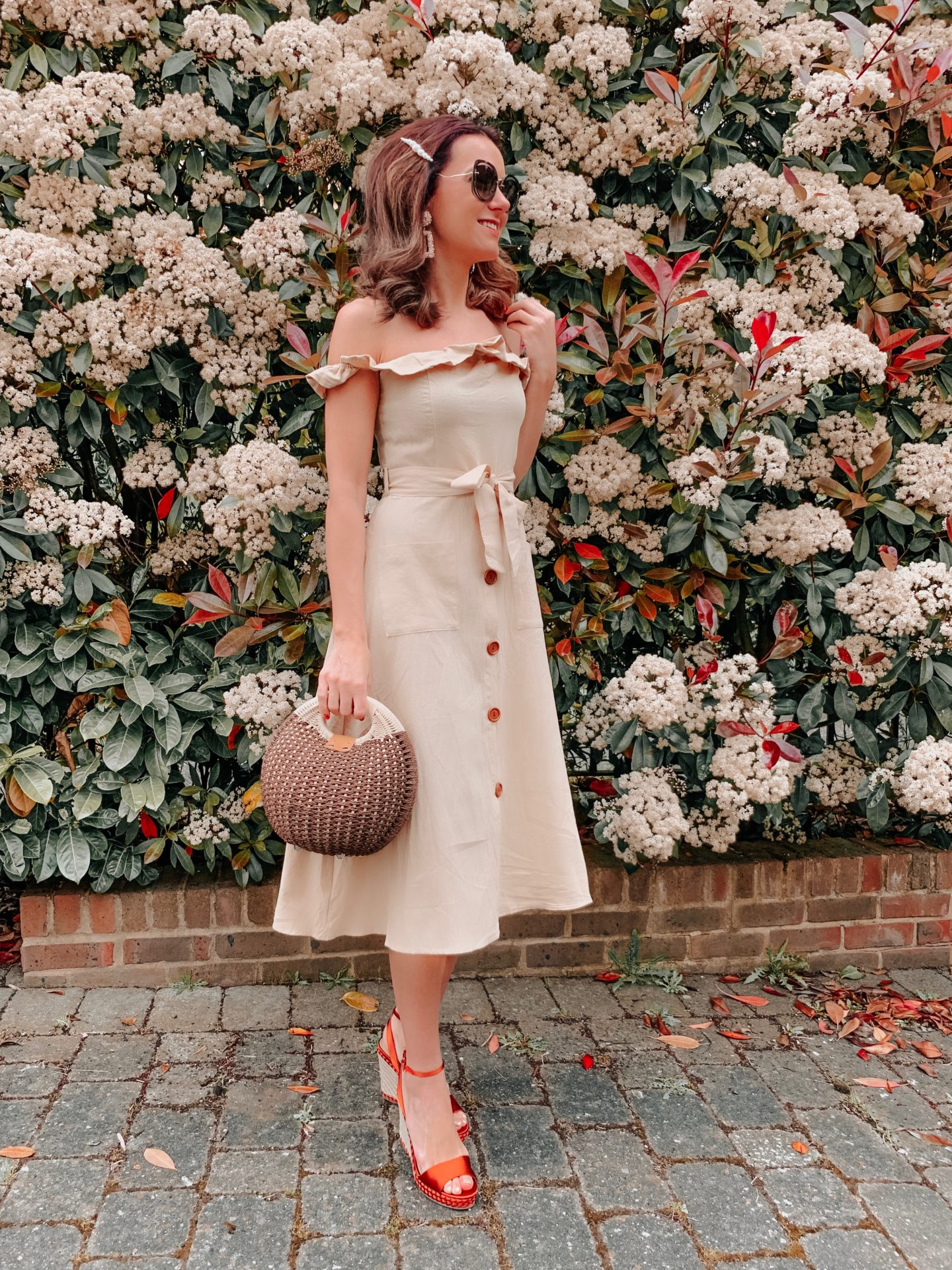 OUTFIT FROM ELEGANT DUCHESS BOUTIQUE Round Summer Beach Straw Bag | Off shoulder ruffle detail midi dress | TEXTURED GEOMETRIC EARRINGS | Pearl Hair Clip | MIU MIU SUNGLASSES | NEXT Plait Detail Espadrille Wedges