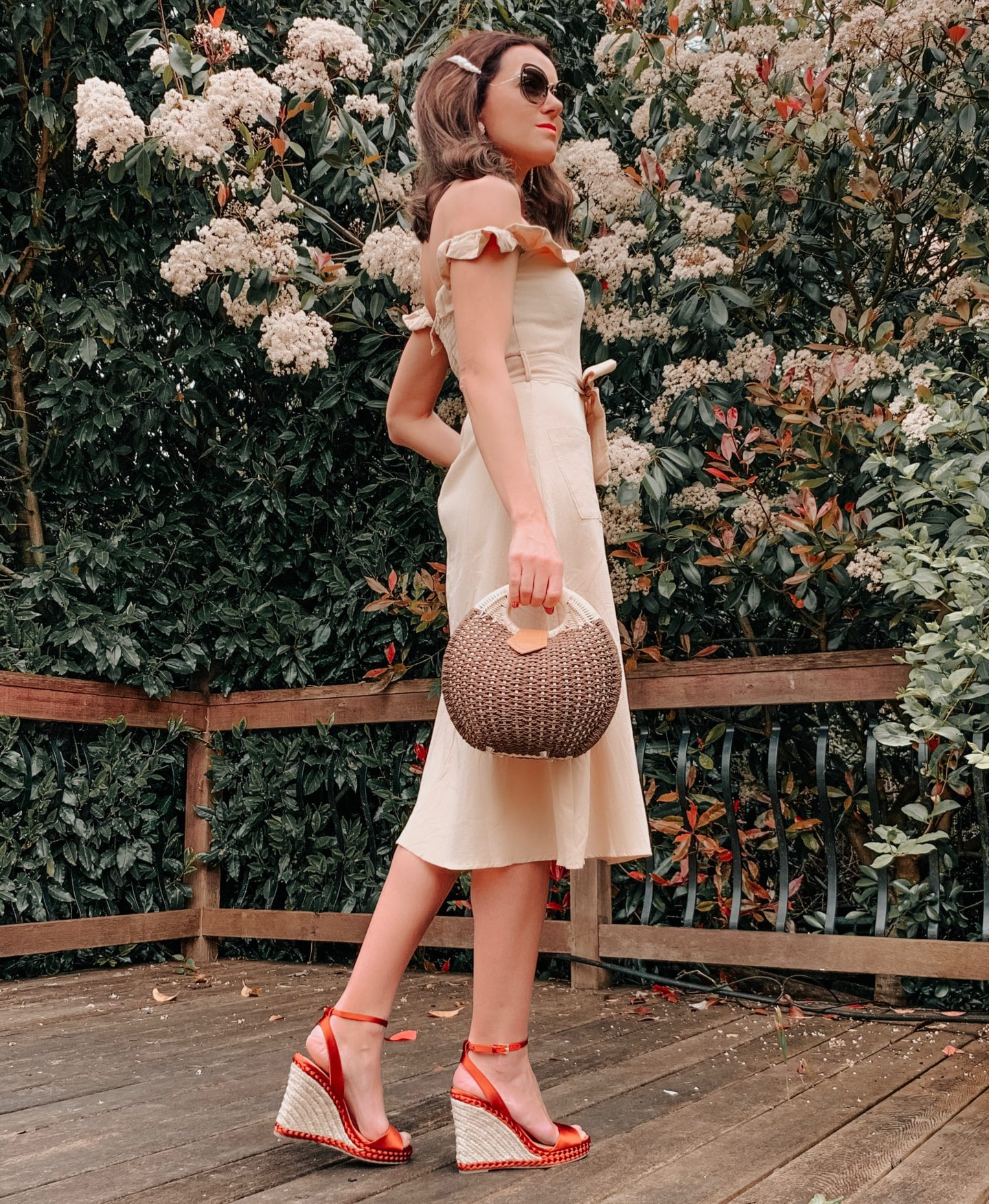 OUTFIT FROM ELEGANT DUCHESS BOUTIQUE Round Summer Beach Straw Bag | Off shoulder ruffle detail midi dress | TEXTURED GEOMETRIC EARRINGS | Pearl Hair Clip | MIU MIU SUNGLASSES | NEXT Plait Detail Espadrille Wedges