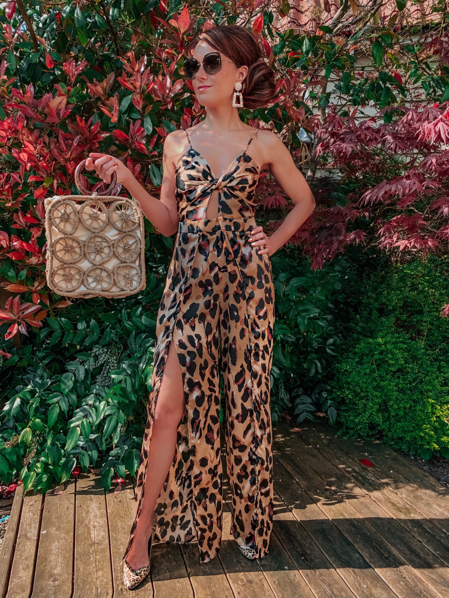 Forever Unique Leopard Print Wide-Leg Jumpsuit |  Zara square earrings | Miu Miu sunglasses | Charlotte Tilbury make up | River Island Heels | Next Natural Square Shopper Bag