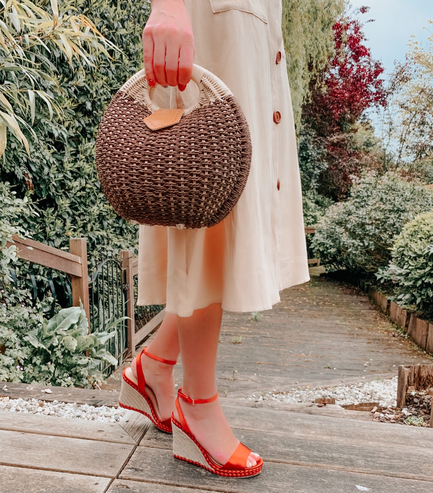 OUTFIT FROM ELEGANT DUCHESS BOUTIQUE Round Summer Beach Straw Bag | Off shoulder ruffle detail midi dress | TEXTURED GEOMETRIC EARRINGS | Pearl Hair Clip | MIU MIU SUNGLASSES | NEXT Plait Detail Espadrille Wedges