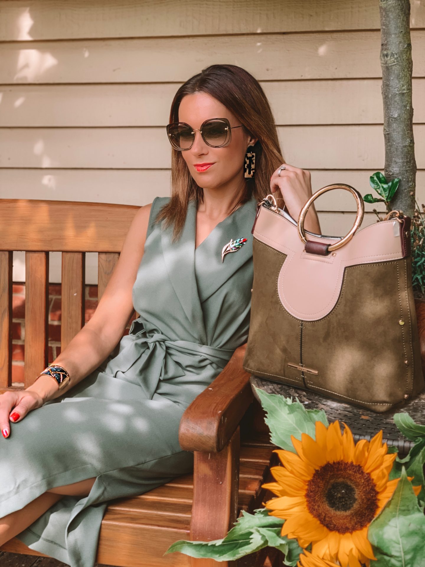 Closet London Khaki Collared Midi Pencil Dress | Elegant Duchess Boutique brooch | Miu Miu sunglasses | River Island Bag