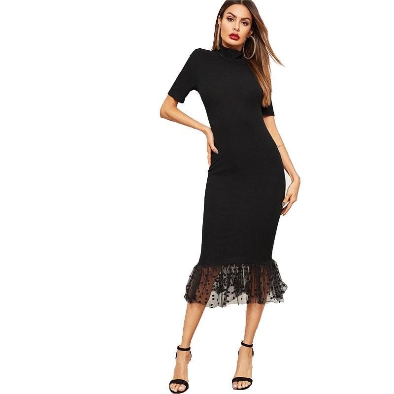 Black Elegant Dot Mesh Hem Midi Dress