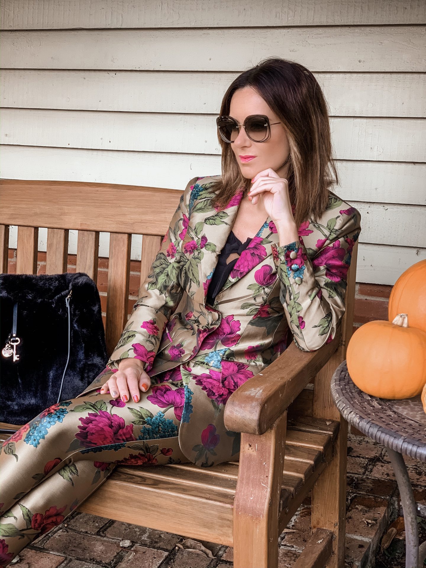 ASOS EDITION floral jacquard blazer | ASOS EDITION floral jacquard trouser | Ted Baker Mesh Insert Court Shoes | River Island oversized fur bag Miu Miu sunglasses