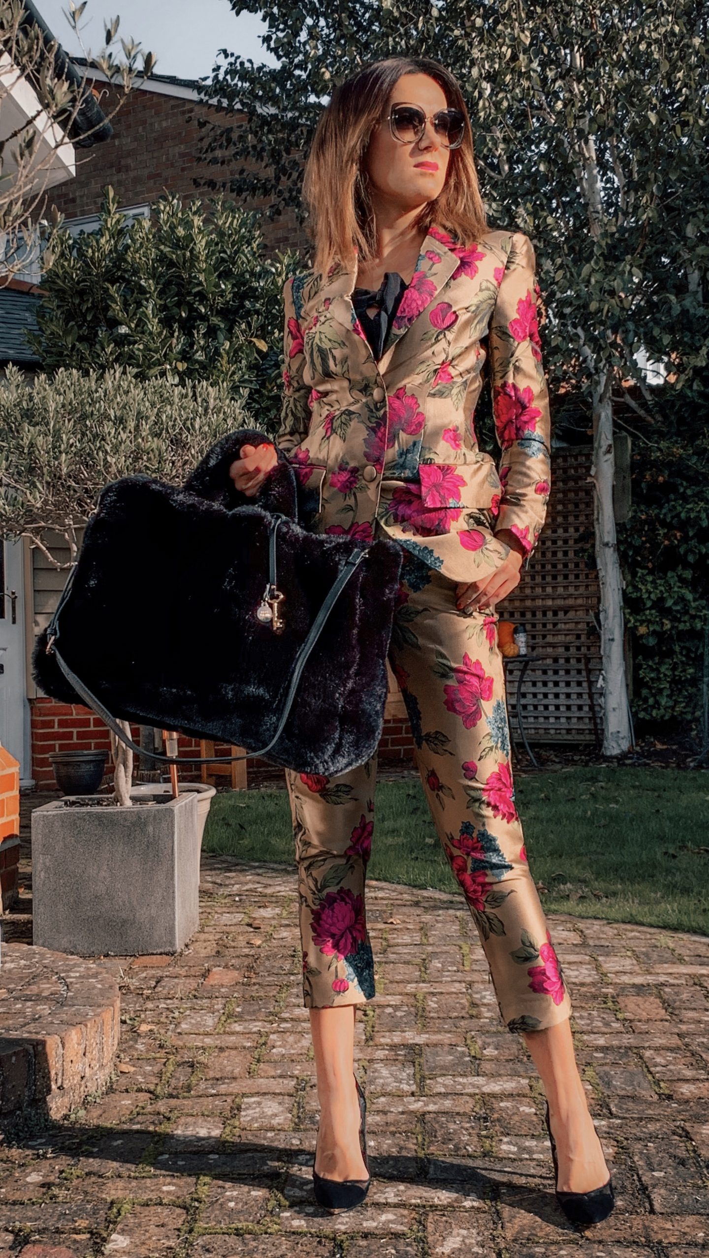 ASOS EDITION floral jacquard blazer | ASOS EDITION floral jacquard trouser | Ted Baker Mesh Insert Court Shoes | River Island oversized fur bag Miu Miu sunglasses