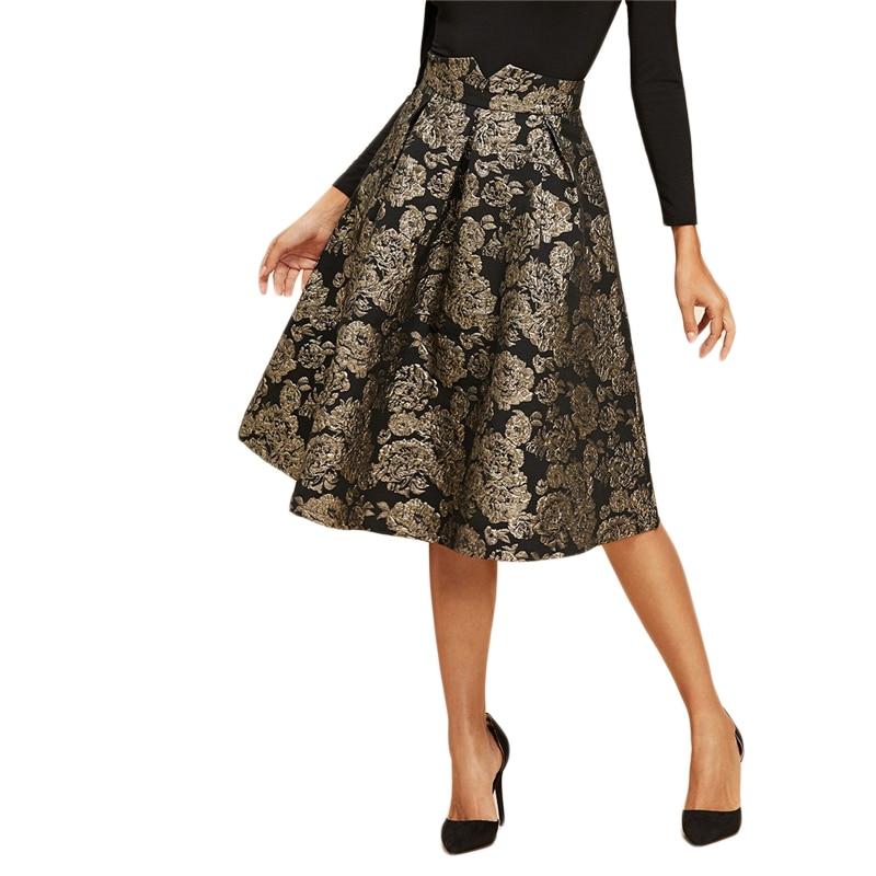 Vintage Black and Gold Flower Print Mid Waist Flare Knee-Length Skirt