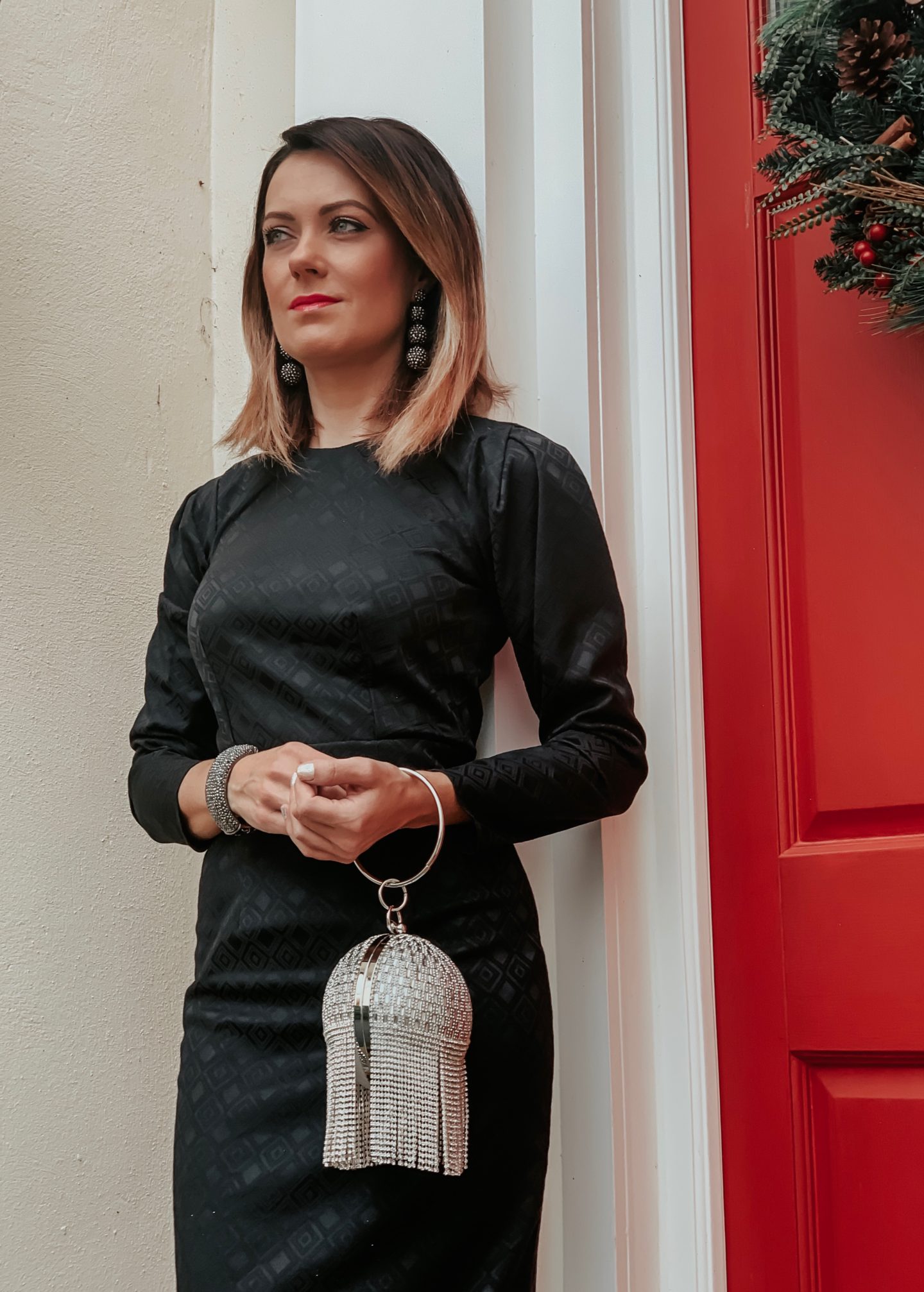 CLOSET LONDON BLACK JACQUARD PUFF SLEEVE PENCIL DRESS | ASOS DESIGN Luxe diamante fringe sphere bag | ASOS DESIGN Wide Fit Worthful embellished stiletto heels in black velvet