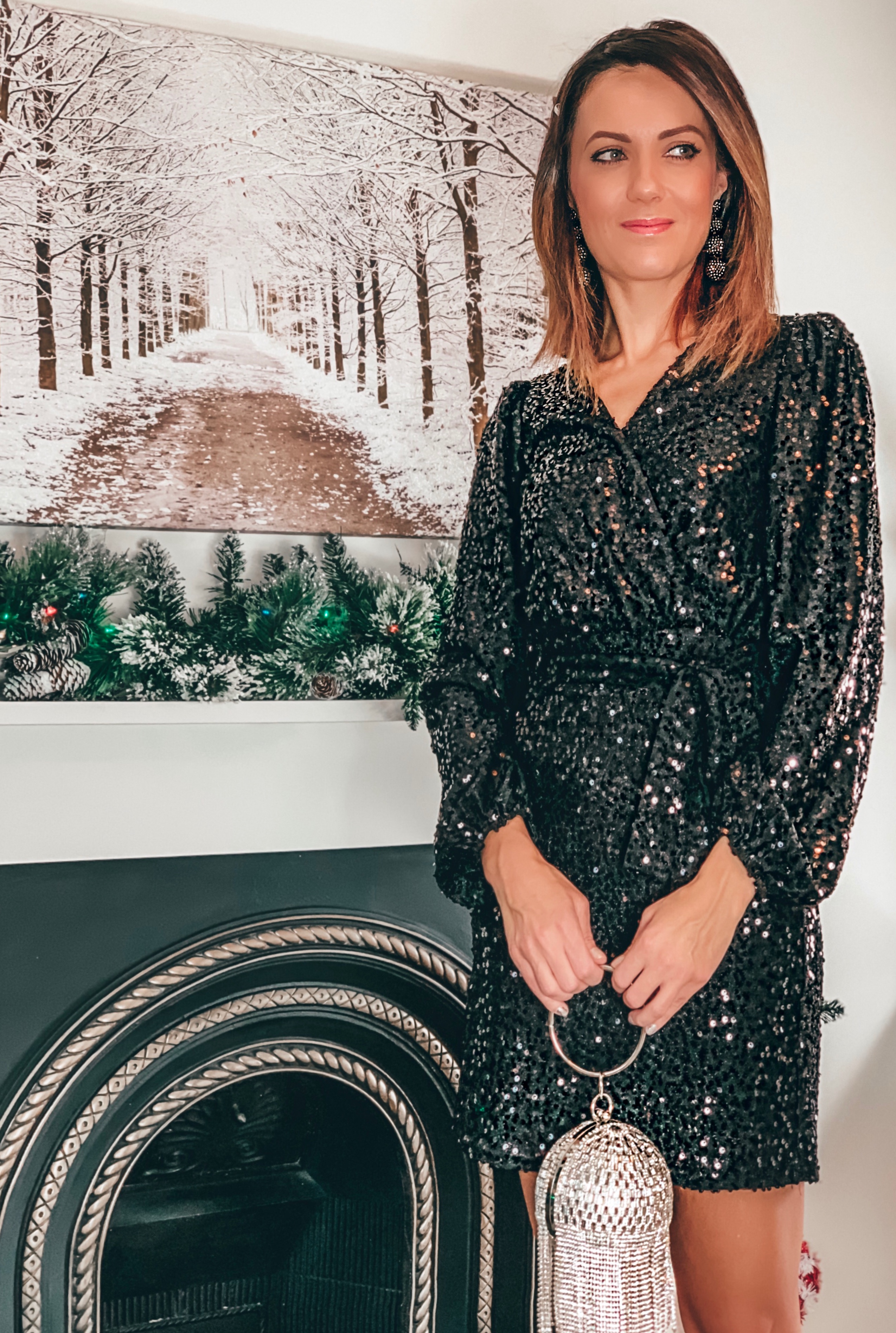 Next Sequin Wrap Dress | ASOS DESIGN Stellar embellished mid heels in black velvet | ASOS DESIGN Luxe diamante fringe sphere bag | Elegant Duchess Boutique (Diamond Fringe Bag - more colours available) | Elegant Duchess Boutique Hair Clip