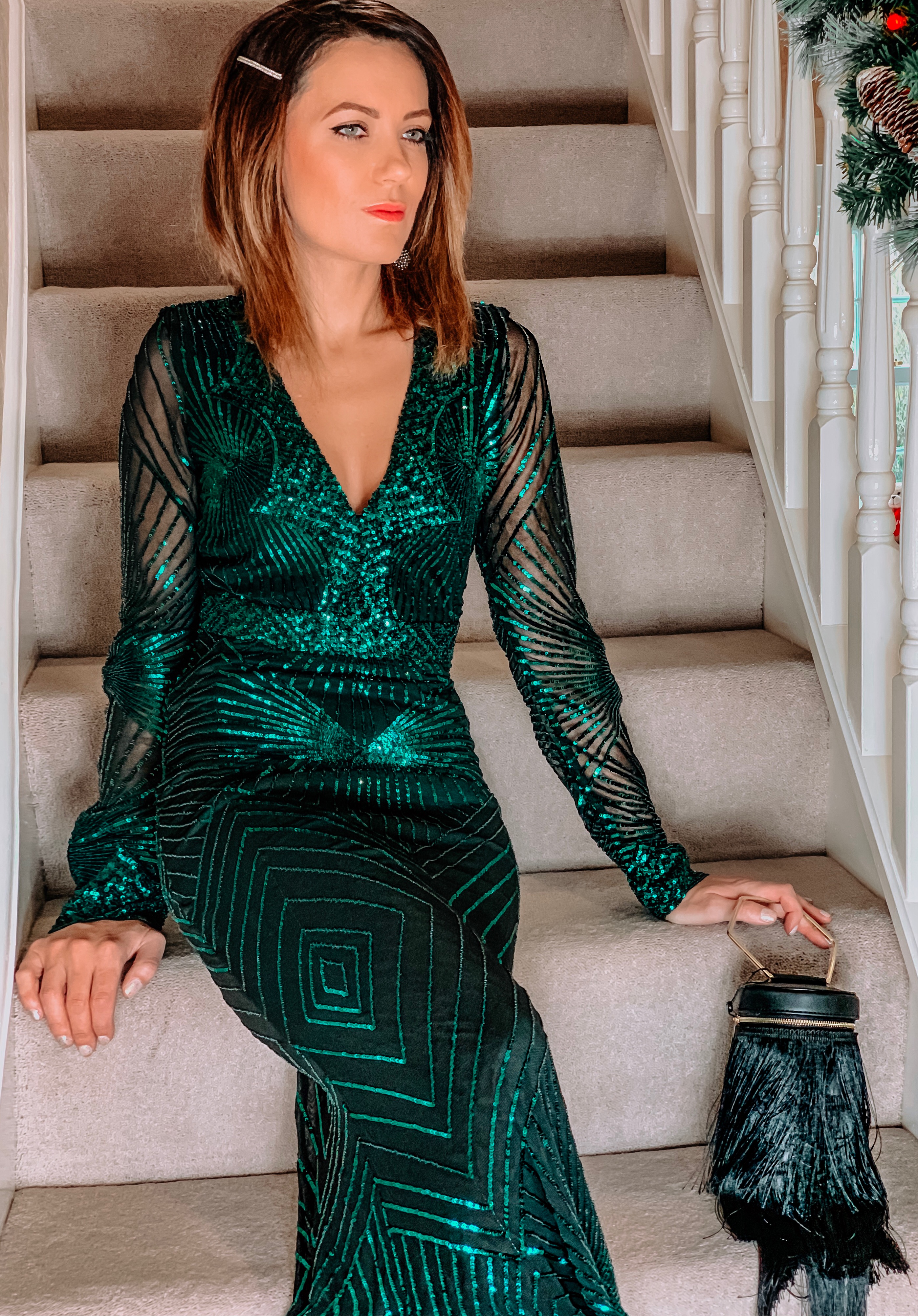 Missguided fringe handbag in black | Goddiva V neck maxi dress in emerald green sequin | Elegant Duchess Hair Clip | Charlotte Tilbury Make up | Dior Lip Gloss