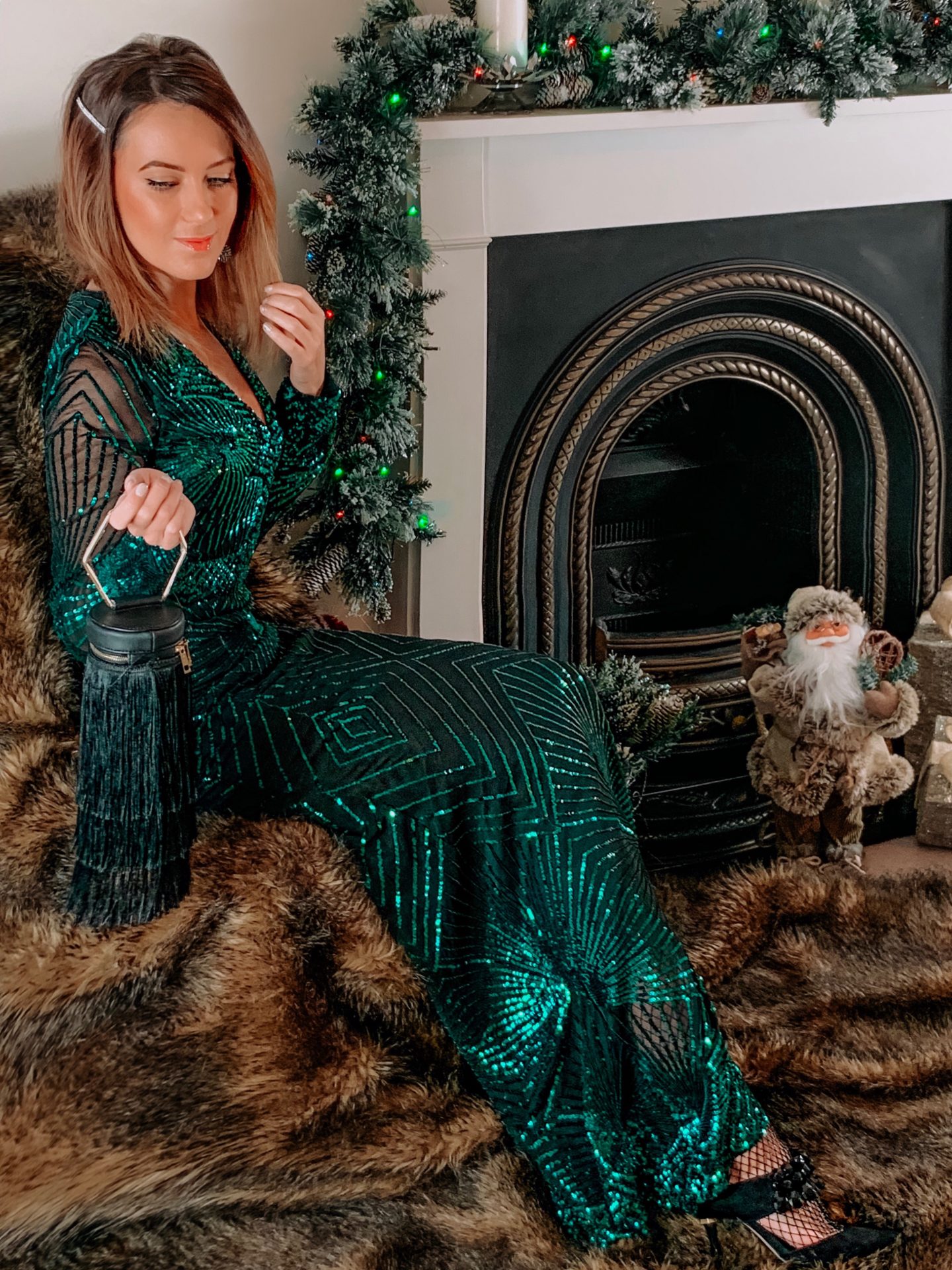 Missguided fringe handbag in black | Goddiva V neck maxi dress in emerald green sequin | Elegant Duchess Hair Clip | Charlotte Tilbury Make up | Dior Lip Gloss