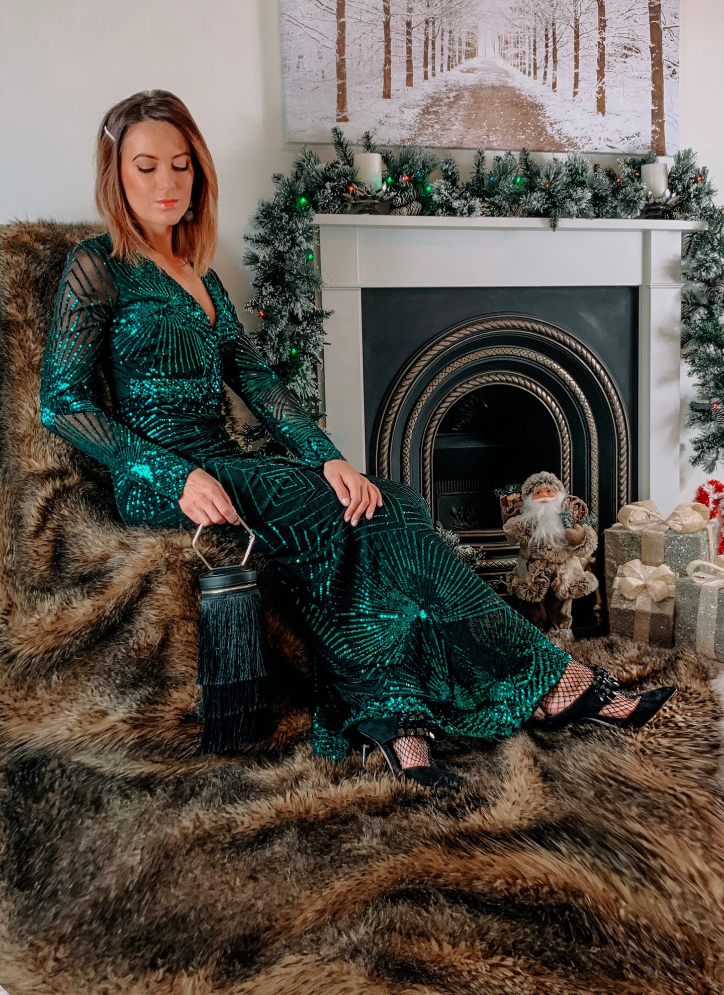 Missguided fringe handbag in black | Goddiva V neck maxi dress in emerald green sequin | Elegant Duchess Hair Clip | Charlotte Tilbury Make up | Dior Lip Gloss