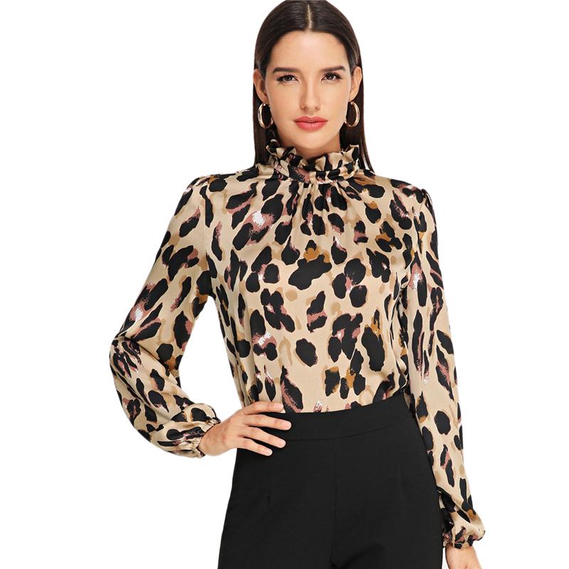 Leopard Print Frill Neck Detail Blouse