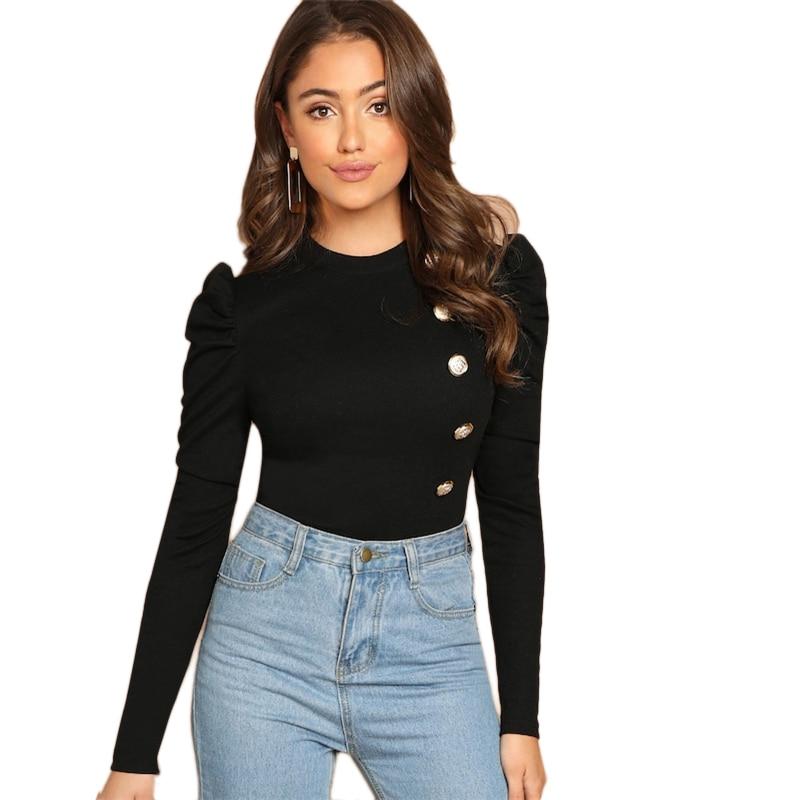 Black Elegant Button Long Sleeves Top