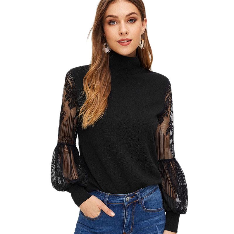 Black High Neck Lace Lantern Sleeve Top