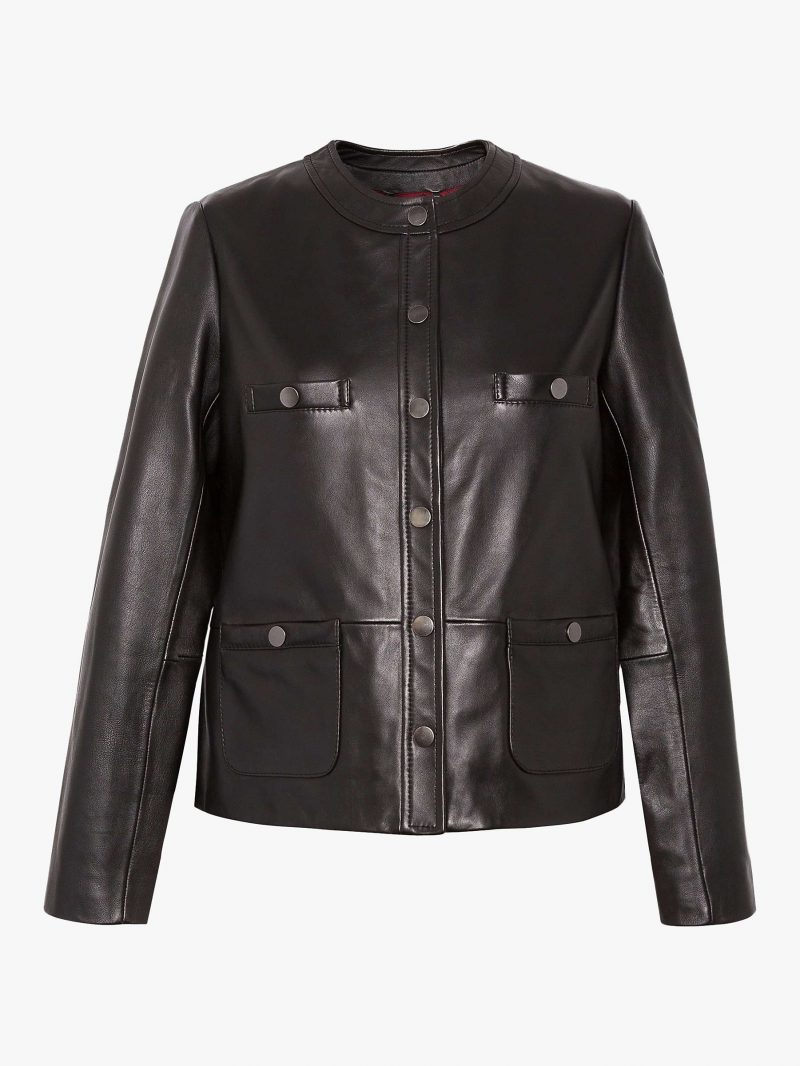 Gerard Darel Niky Collarless Button Leather Jacket, Black