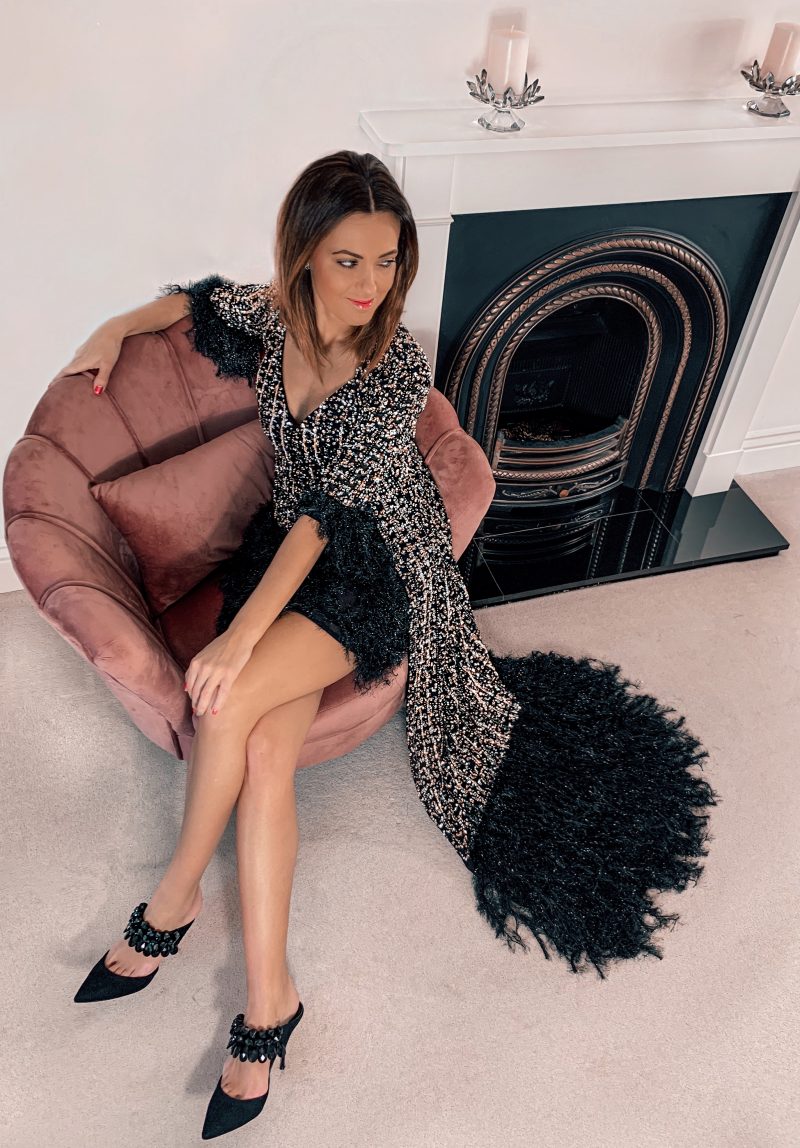 ASOS DESIGN Luxe embellished faux feather cami mini dress in black | ASOS DESIGN Luxe embellished maxi robe with faux feather hem | Charlotte Tilbury make up | KG jewelled mules