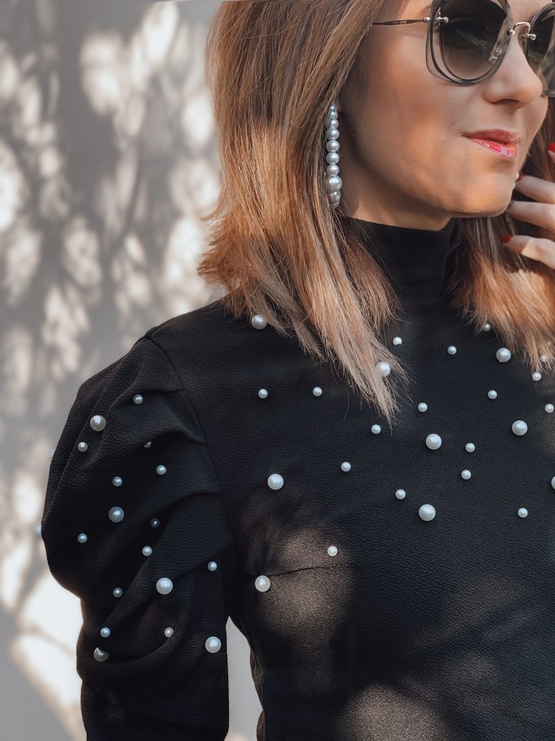 Collar Black Pearl Beading Elegant Top