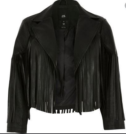 black faux leather fringe crop jacket