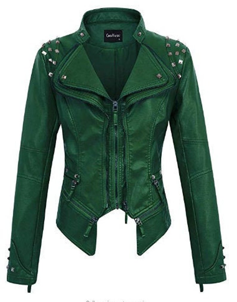 Women&#039;s Fashion Studded Perfectly Shaping Faux Leather Biker Jacket Green