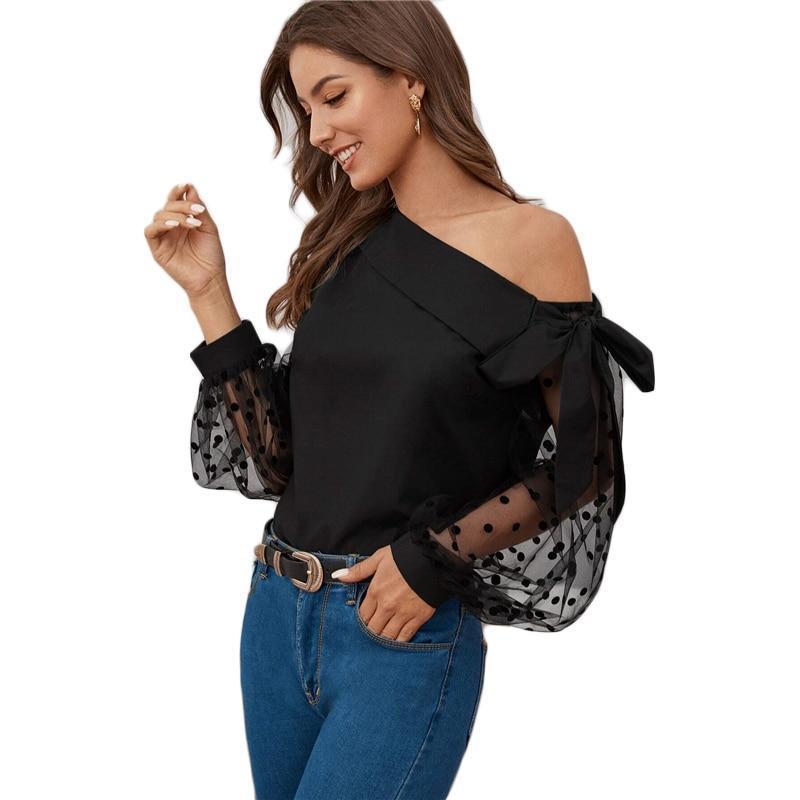 Elegant Duchess Boutique Asymmetrical Cold Shoulder Fold Neck Dot Lantern Mesh Sleeve Top