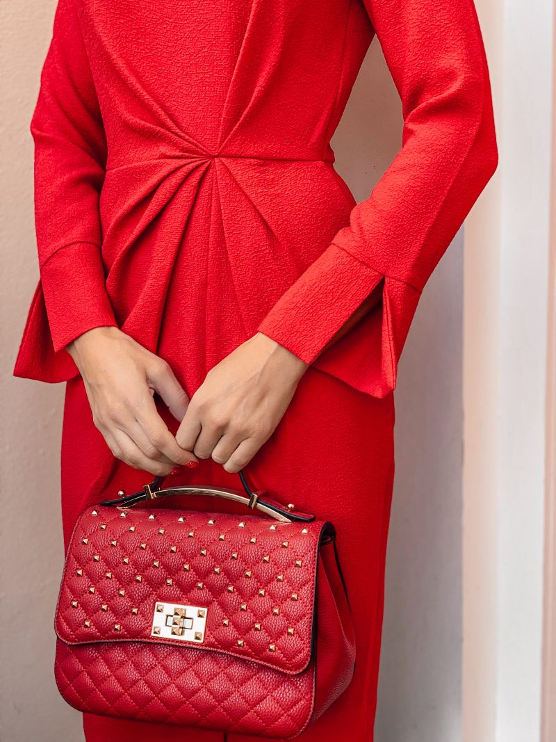 Closet London RED PLEATED FRONT PENCIL DRESS | Very studded red bag | Next court shoes | Miu Miu sunglasses