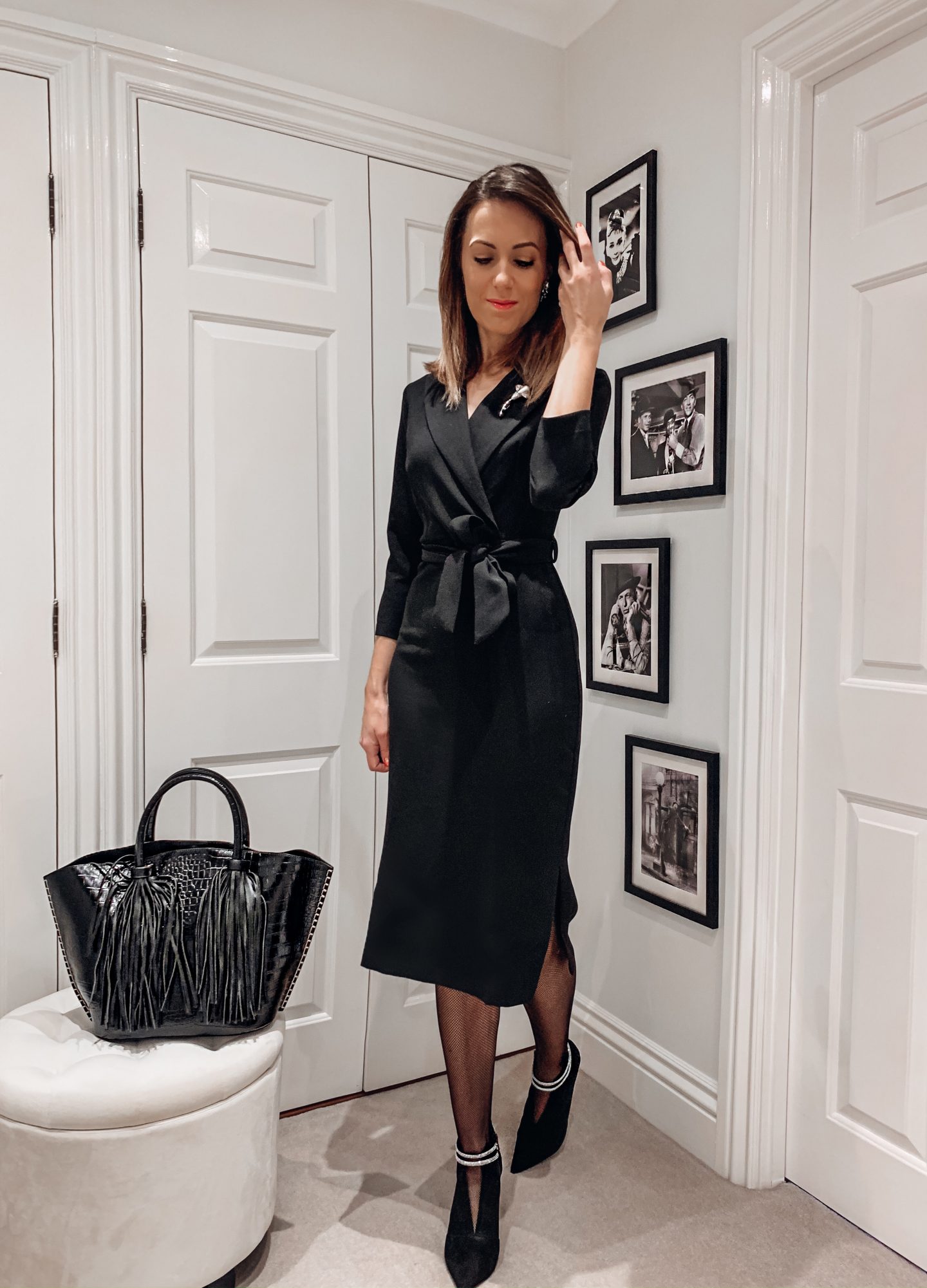 Closet London BLACK 3/4 SLEEVE PENCIL DRESS | Miu Miu sunglasses | Next Black Croc Effect Tassel Detail Bag | Next Black Sparkle Detail V-Cut Shoe Boots | swarovski earrings | Elegant Duchess Boutique brooch