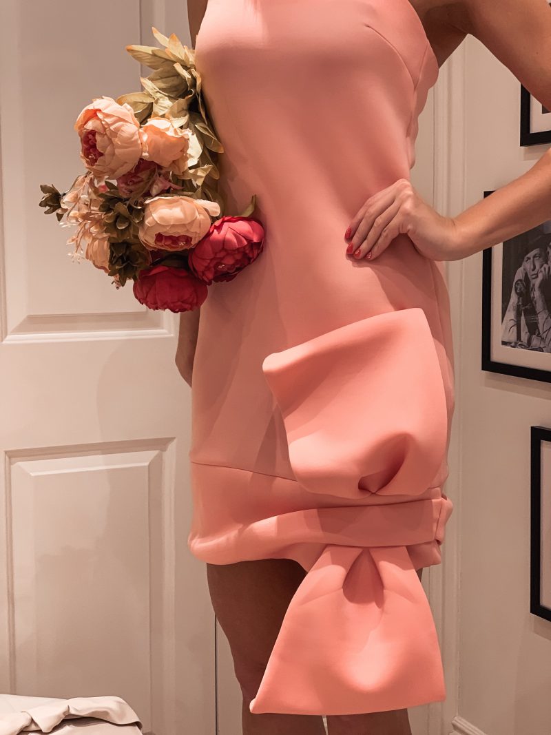 Elegant Duchess Boutique Bow detail shift mini dress | Ted Baker Nude Bow Court Shoes | Accessorize Pink PU Bow Clutch Bag