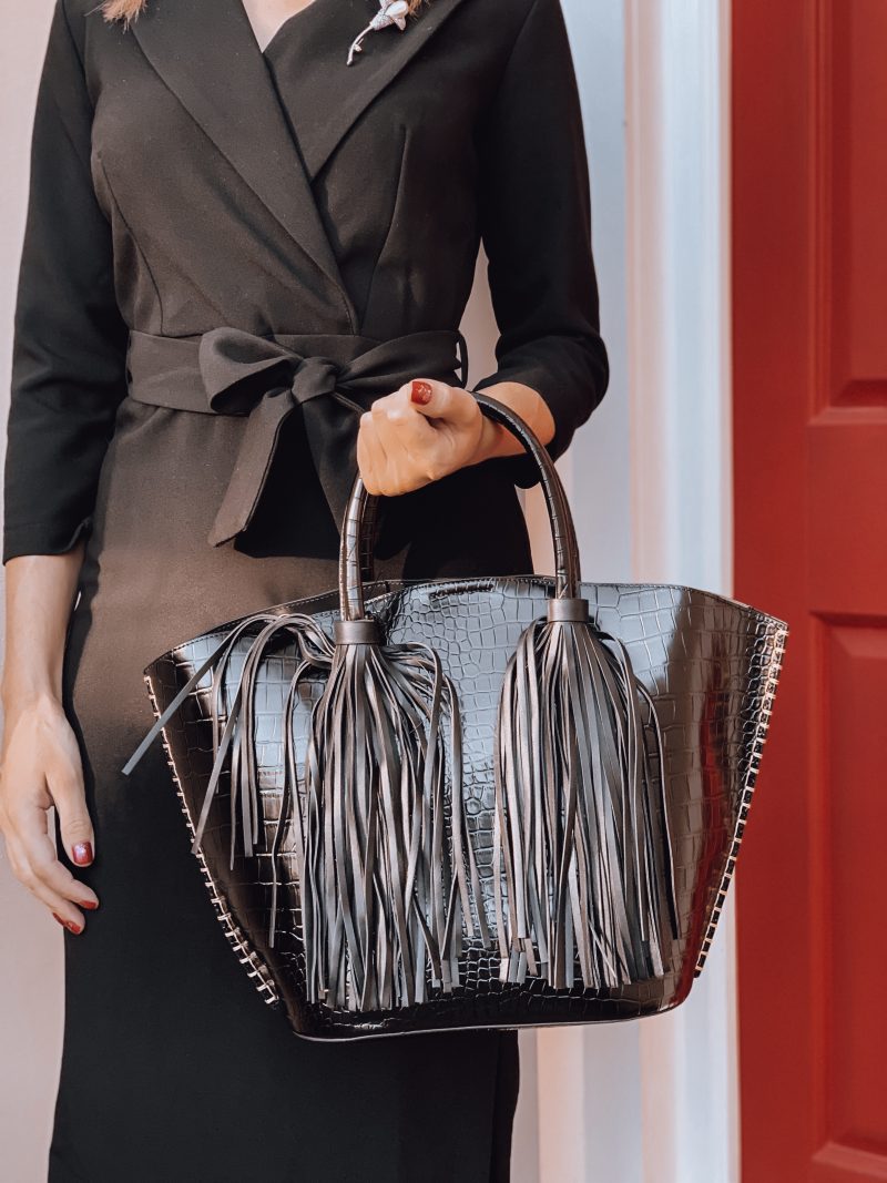 Closet London BLACK 3/4 SLEEVE PENCIL DRESS | Miu Miu sunglasses | Next Black Croc Effect Tassel Detail Bag | Next Black Sparkle Detail V-Cut Shoe Boots | swarovski earrings | Elegant Duchess Boutique brooch