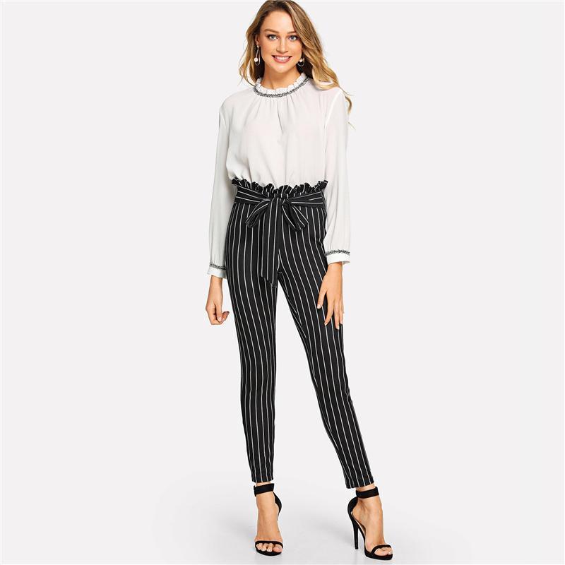Elegant Duchess Frill Trim Bow Tie Waist Striped Bow Belted Pants