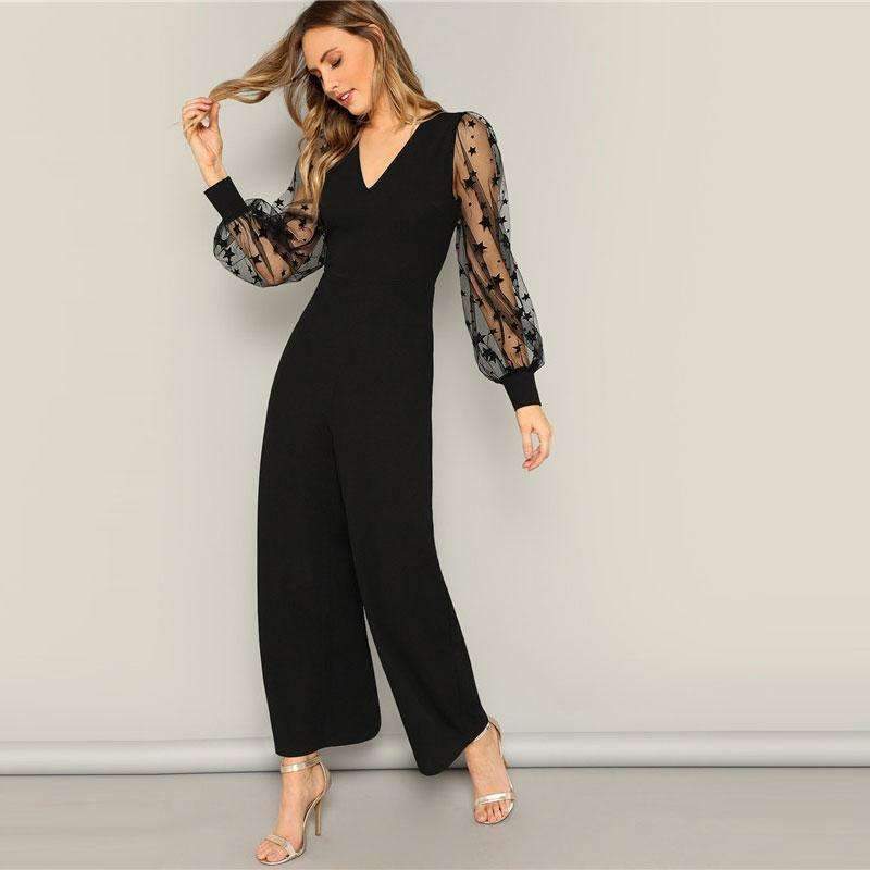 Elegant Duchess Black Contrast Mesh Galaxy Print Sheer Sleeve Wide Leg Jumpsuit