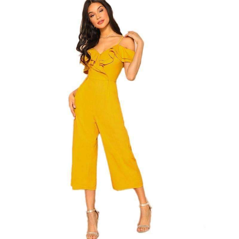 Elegant Duchess Cold Shoulder Ruffle Detail Spaghetti Strap Jumpsuit - more colours available