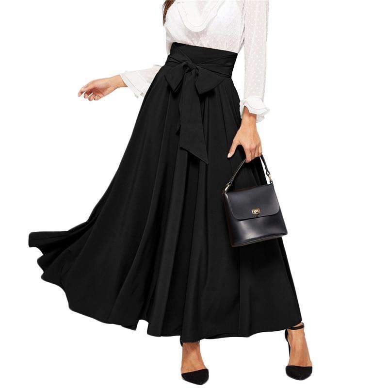 Elegant Duchess Black High Waist Maxi Belted Flared Skirt