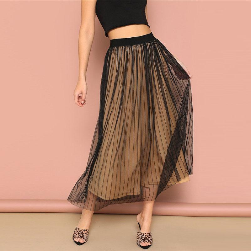 Elegant Duchess Black Elastic Waist Striped Mesh Overlay Mid Waist Skirt