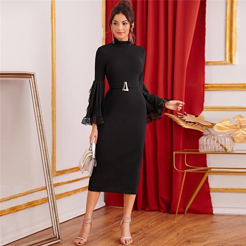 Elegant Duchess Black Contrast Lace Flounce Sleeve Midi Belted Dress