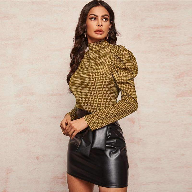 Elegant Duchess Elegant Houndstooth Puff Long Sleeve High Neck Print Blouse