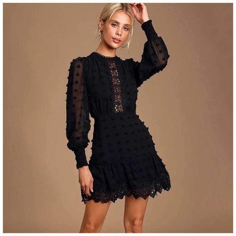 Elegant Duchess Polka Dot Mesh and Lace Long Sleeves Mini Dress