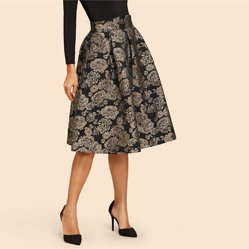 Elegant Duchess Vintage Black and Gold Flower Print Mid Waist Flare Knee-Length Skirt