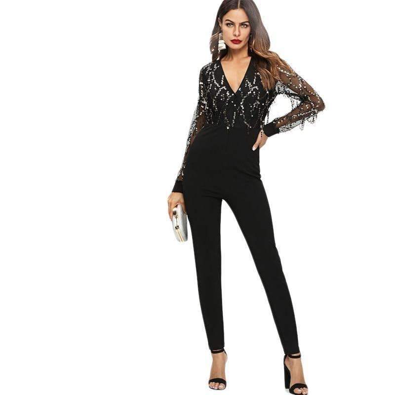 Elegant Duchess Black Sequin Embellished Mesh Sleeve Jumpsuit