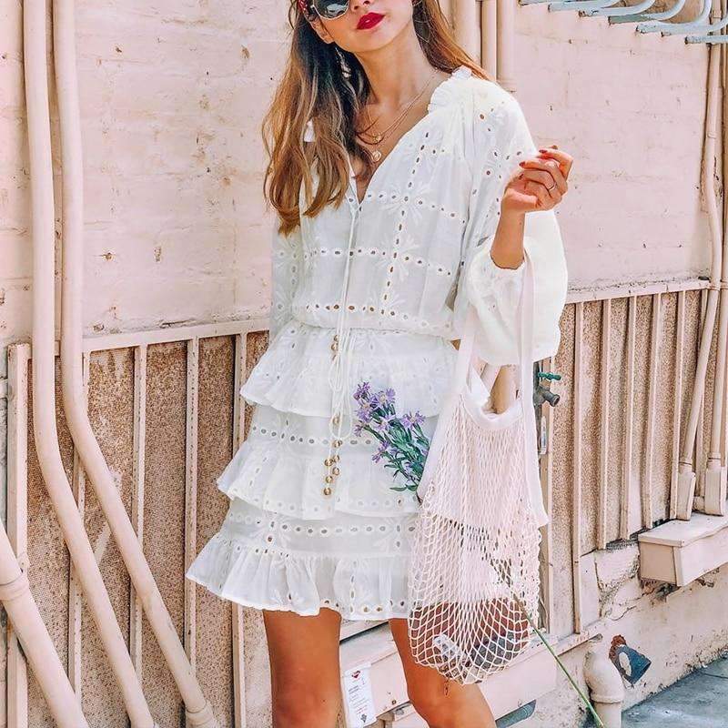 Elegant Duchess Elegant White Long Sleeve Ruffles Mini Dress