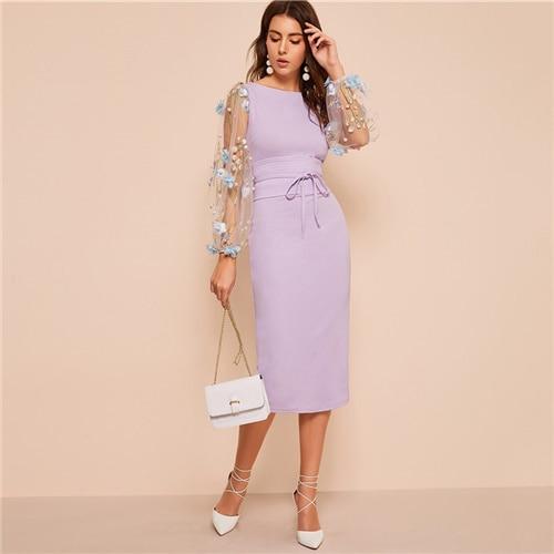 Elegant Duchess Elegant Embroidered Applique Mesh Sleeve Belted Midi Dress