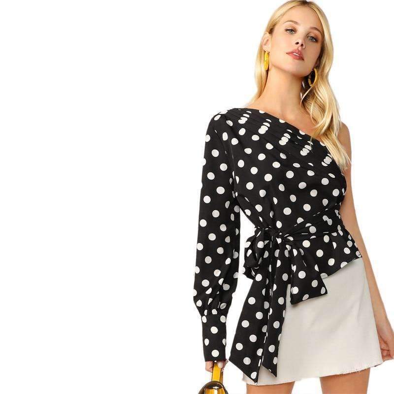 Elegant Duchess Black and white polka dot belted off shoulder top