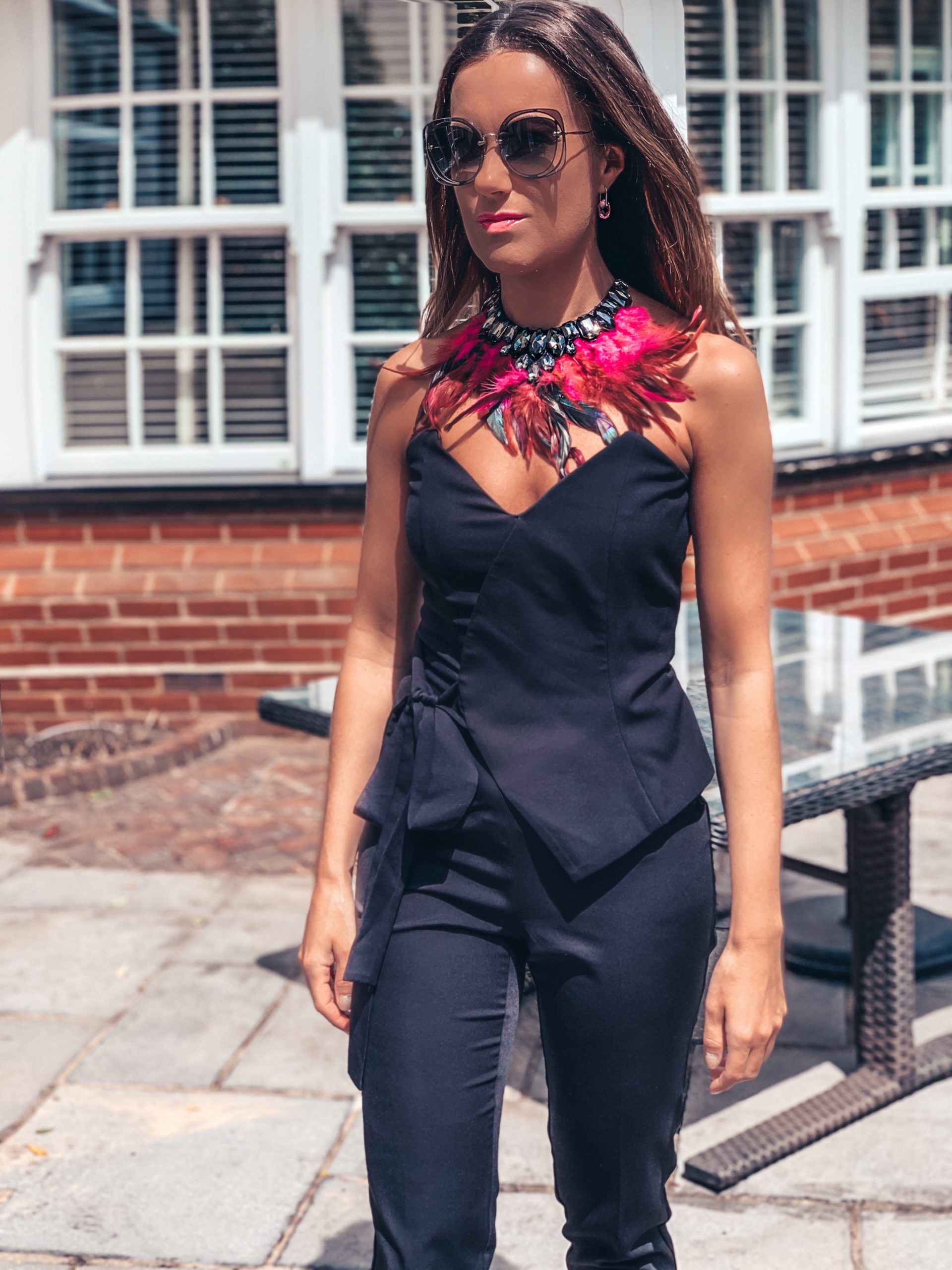 BANDEAU BLACK JUMPSUIT, STATEMENT NECKLACE, BLACK JUMPSUIT, SWAROVSKI EARRINGS, MIU MIU SUNGLASSES