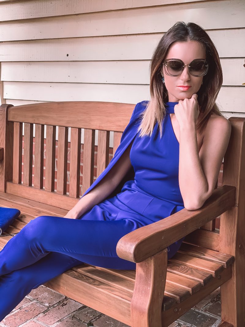 Lavish Alice Cobalt Blue Jumpsuit | Miu Miu sunglasses | Swarovski earrings